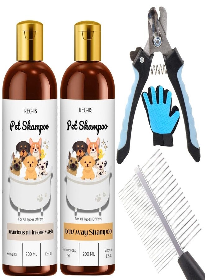 REGIIS Pet Shampoo Set with Grooming Rake, All-in-One Wash and Itch Away Formula, 200 ML Each, Includes Pet Hair Removal Glove(Pack of 5) - Image 1